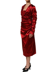 Dolce & Gabbana Red Silk Satin Draped Midi Floral Applique Dress - IT50|3XL