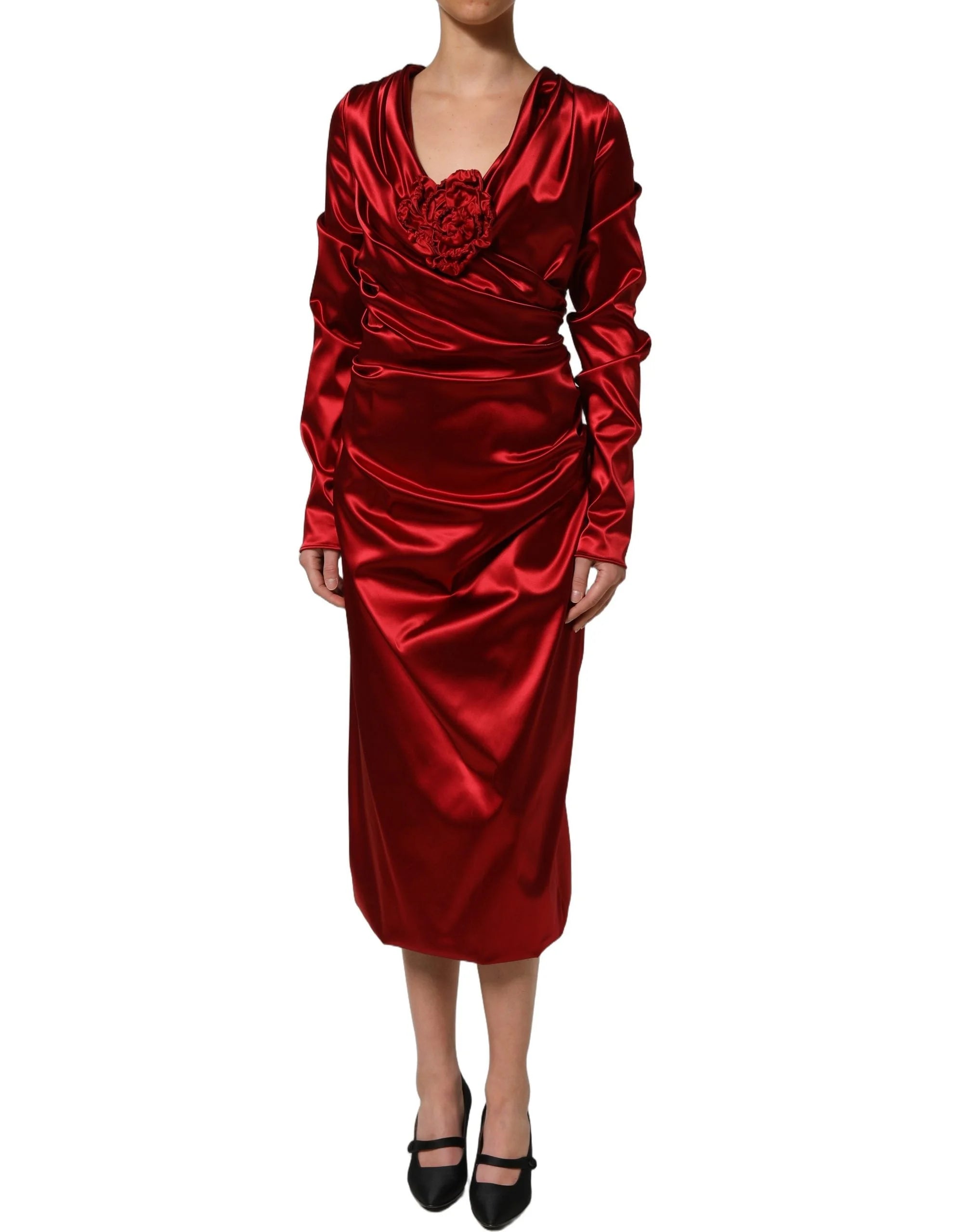 Dolce & Gabbana Red Silk Satin Draped Midi Floral Applique Dress - IT50|3XL