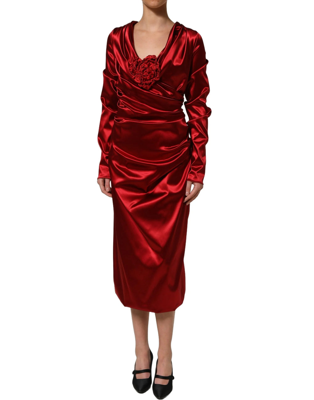 Dolce & Gabbana Red Silk Satin Draped Midi Floral Applique Dress - IT50|3XL