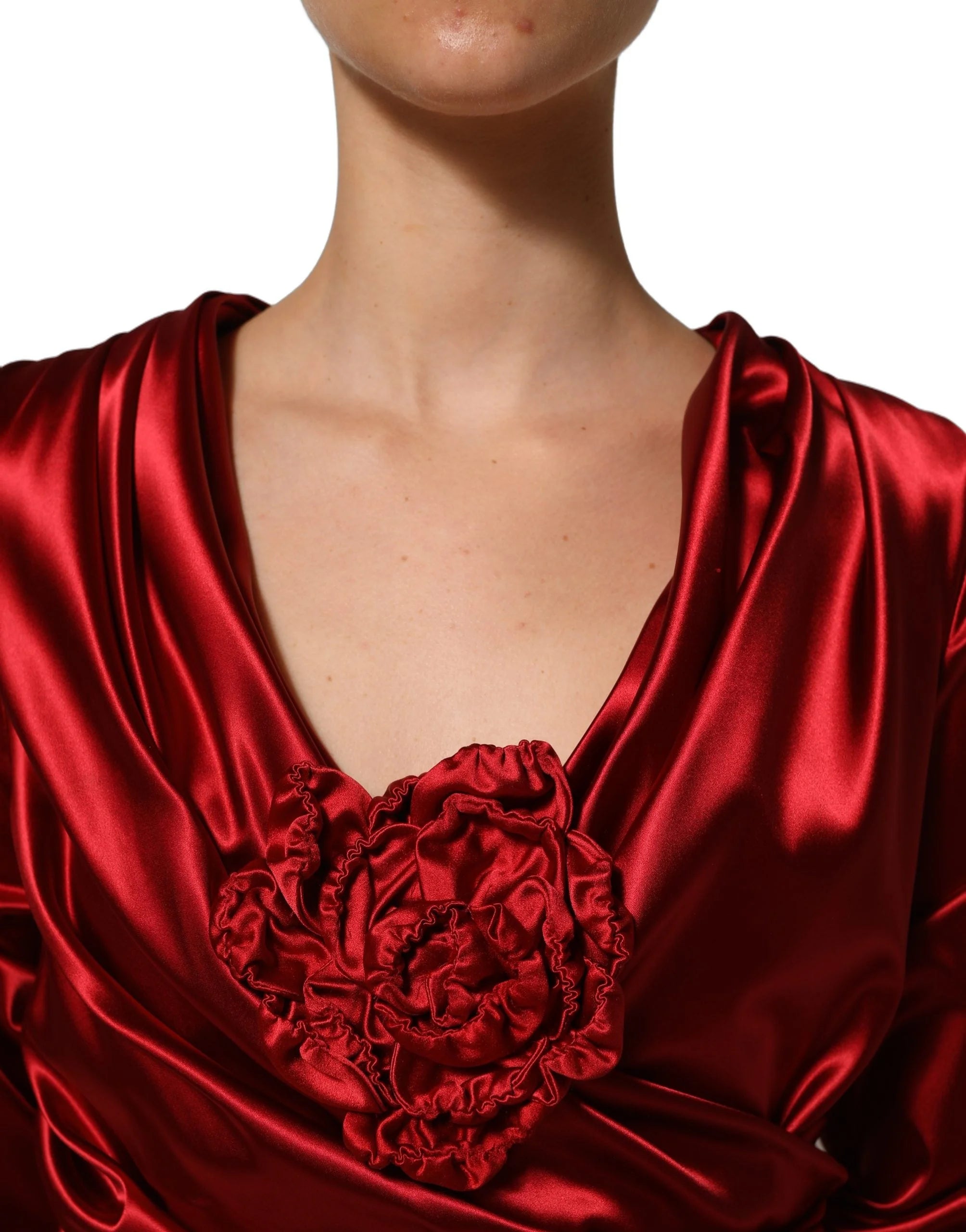 Dolce & Gabbana Red Silk Satin Draped Midi Floral Applique Dress - IT50|3XL