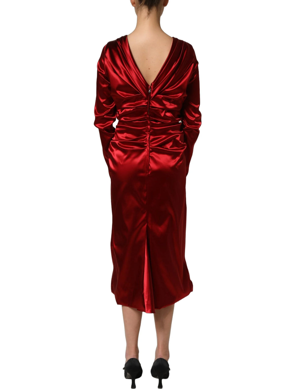 Dolce & Gabbana Red Silk Satin Draped Midi Floral Applique Dress - IT50|3XL
