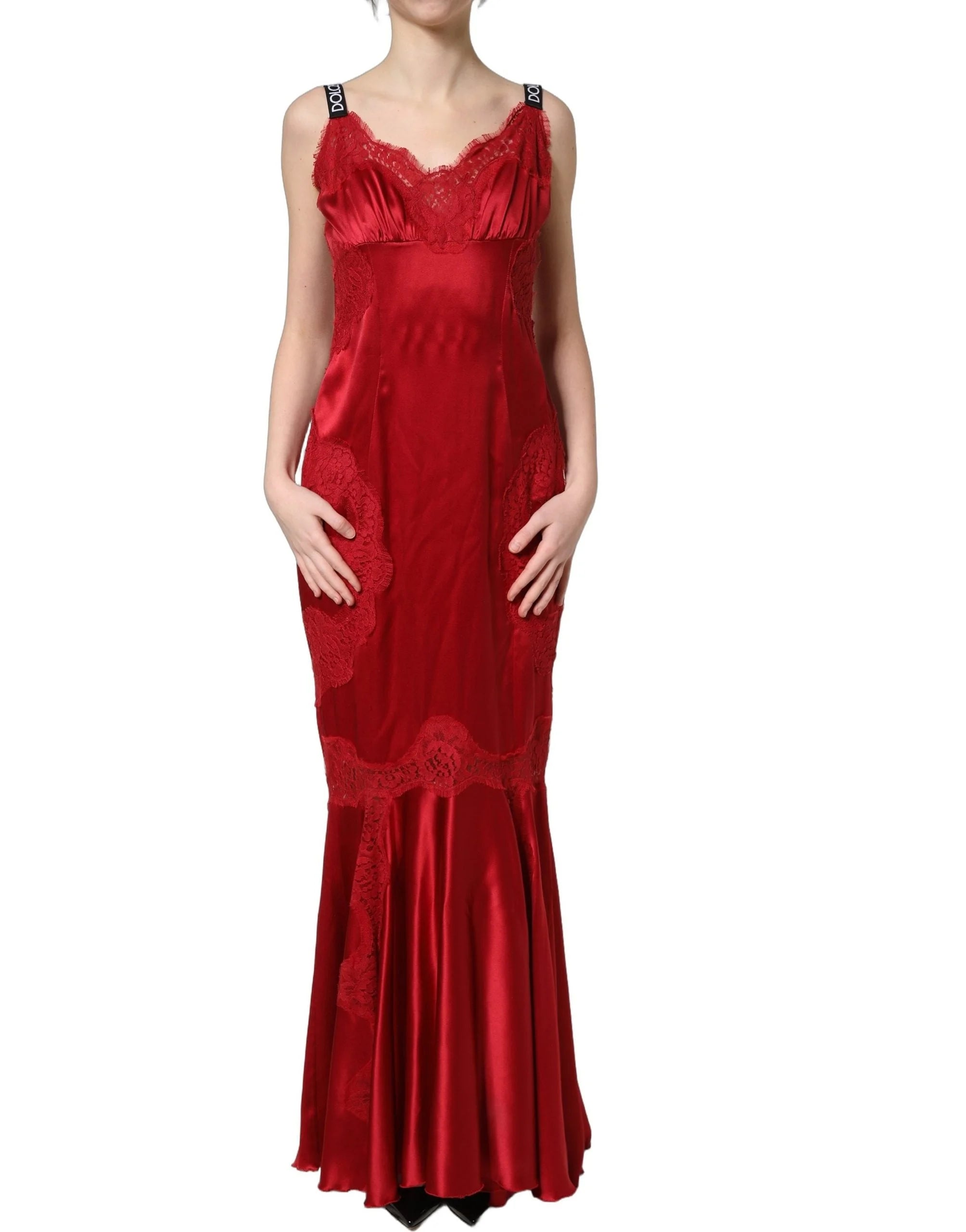Dolce & Gabbana Red Silk Sleeveless Maxi Long Lace Trim Dress - IT40|S