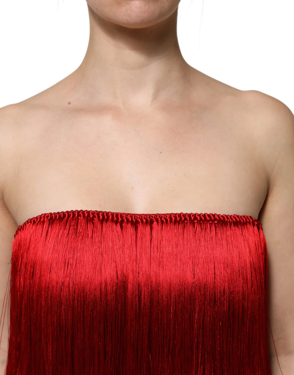 Dolce & Gabbana Red Silk Strapless Fringe Crop Tube Top - Tank Tops