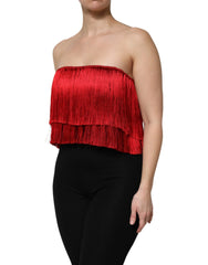 Dolce & Gabbana Red Silk Strapless Fringe Crop Tube Top - Tank Tops