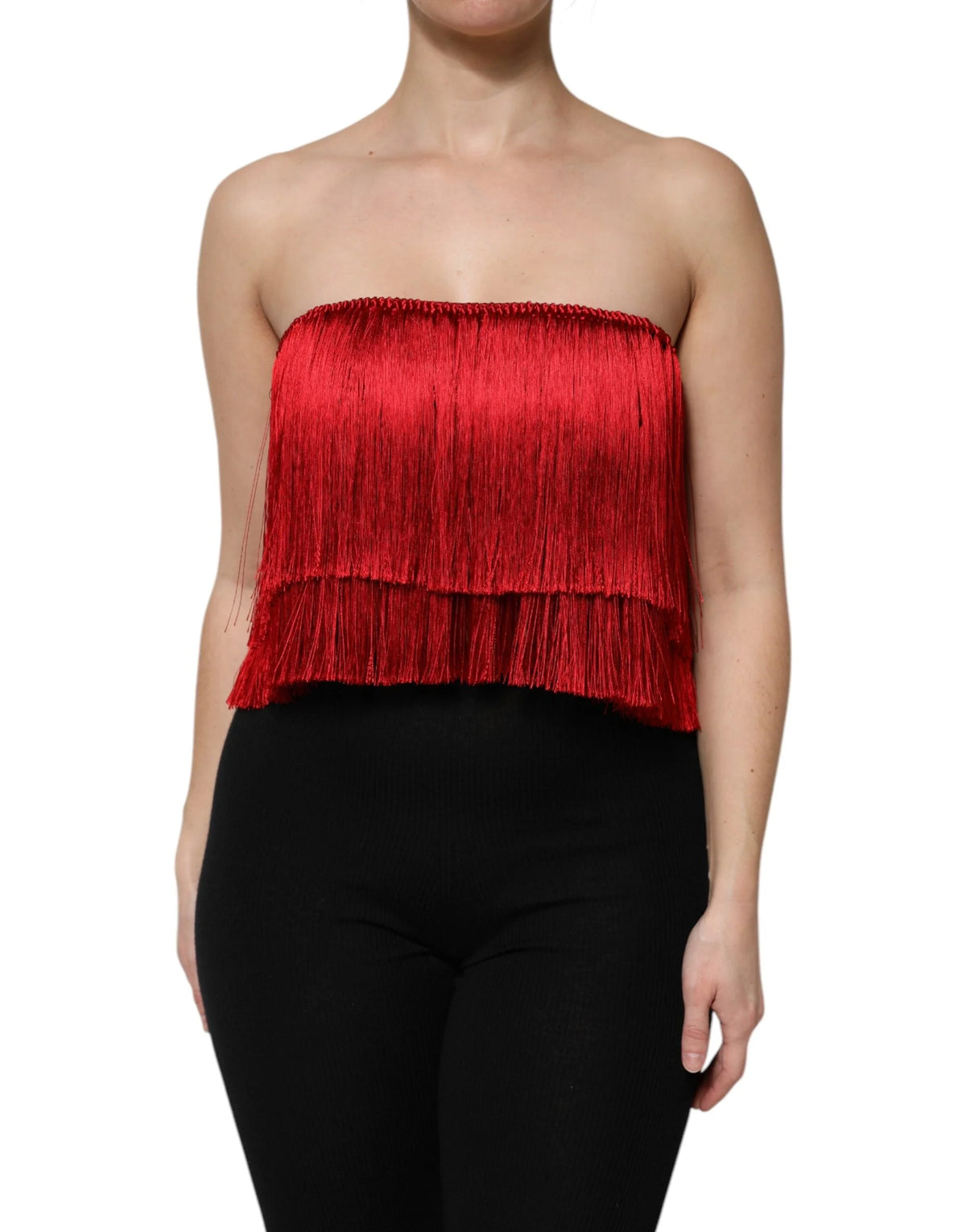 Dolce & Gabbana Red Silk Strapless Fringe Crop Tube Top - Tank Tops