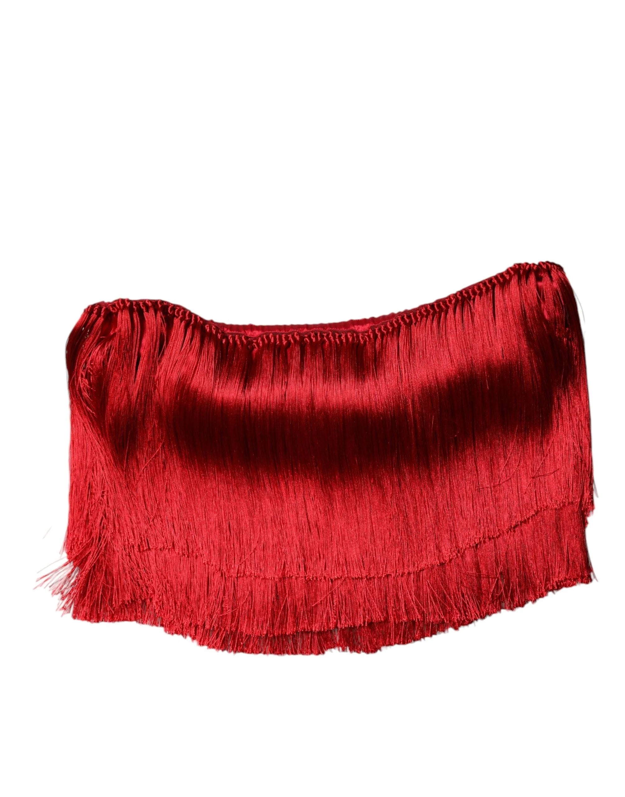 Dolce & Gabbana Red Silk Strapless Fringe Crop Tube Top - Tank Tops