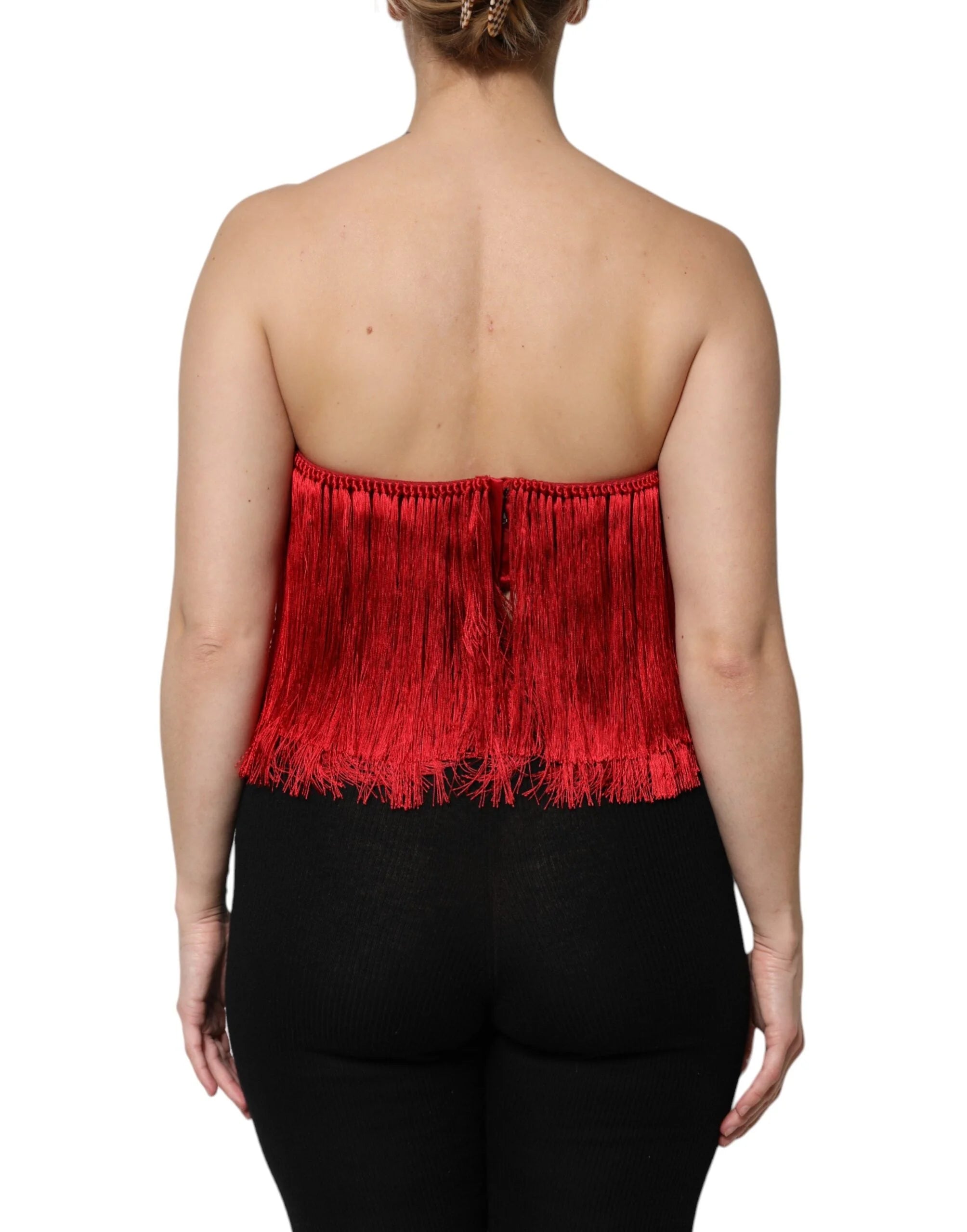 Dolce & Gabbana Red Silk Strapless Fringe Crop Tube Top - Tank Tops