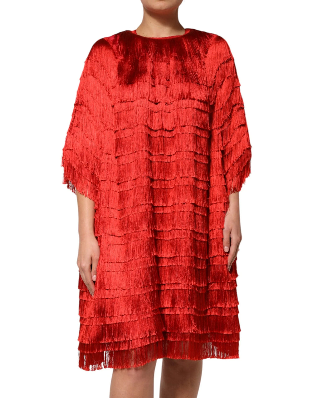 Dolce & Gabbana Red Silk Tiers Fringe Shift Knee Length Dress - IT40|S - Dresses