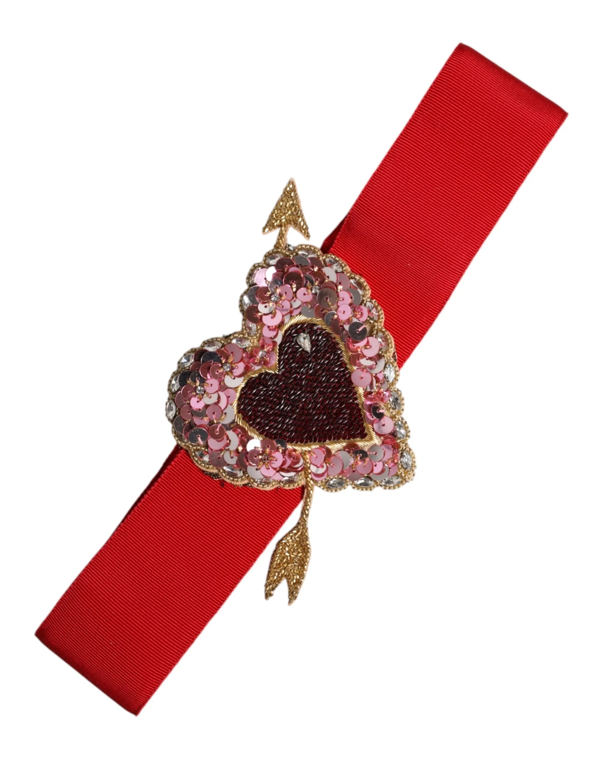 Dolce & Gabbana piros rugalmas széles öv, központi arany színű szív díszítéssel és logó gravírozással.