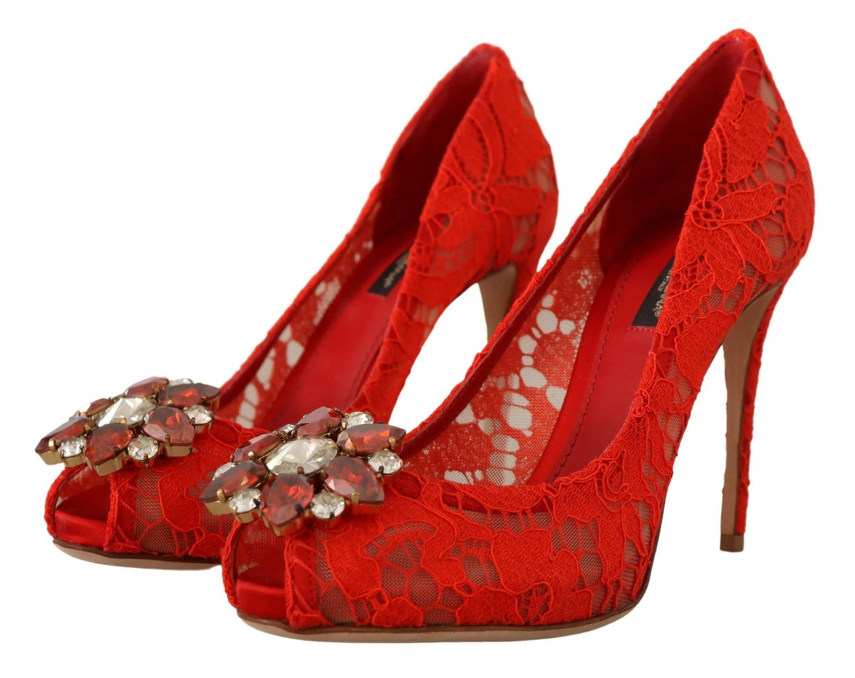 Dolce & Gabbana Red Taormina Lace Crystal Heels Pumps - EU35/US4.5