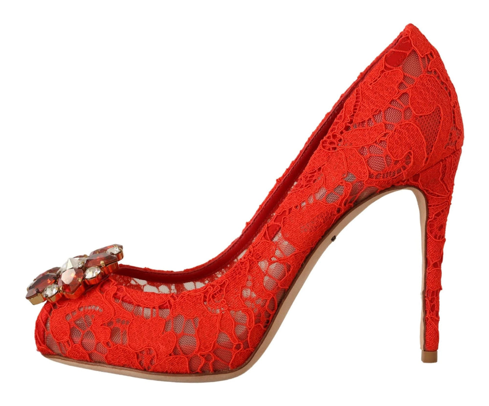 Dolce & Gabbana Red Taormina Lace Crystal Heels Pumps - EU35/US4.5 - Heels