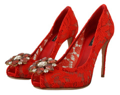 Dolce & Gabbana Red Taormina Lace Crystal Heels Pumps - EU35/US4.5 - Heels