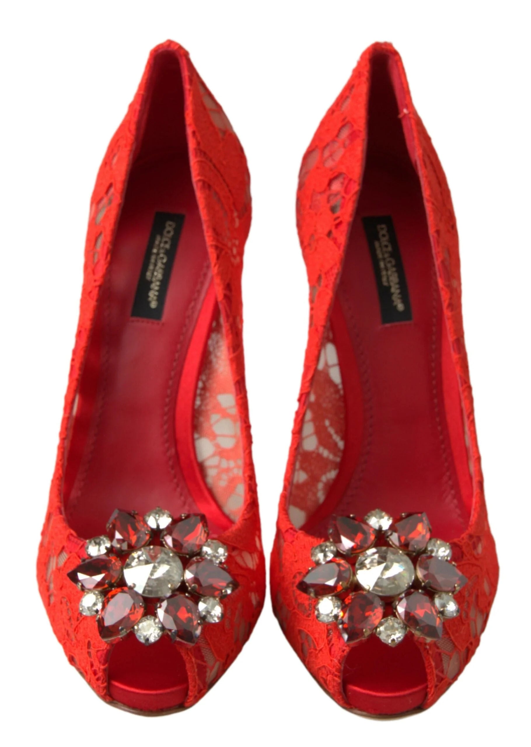 Dolce & Gabbana Red Taormina Lace Crystal Heels Pumps Shoes - Heels