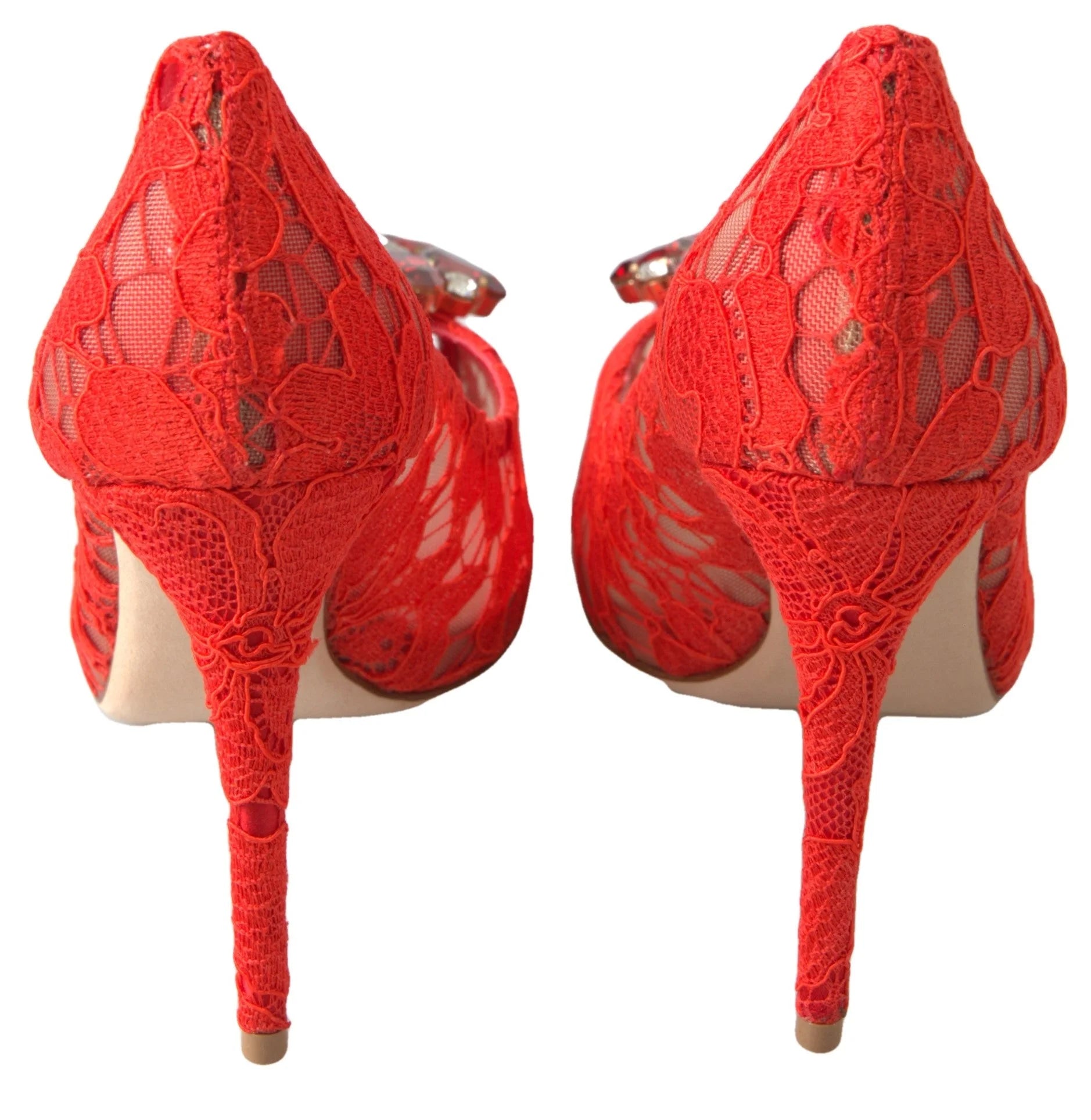 Dolce & Gabbana Red Taormina Lace Crystal Heels Pumps Shoes - Heels