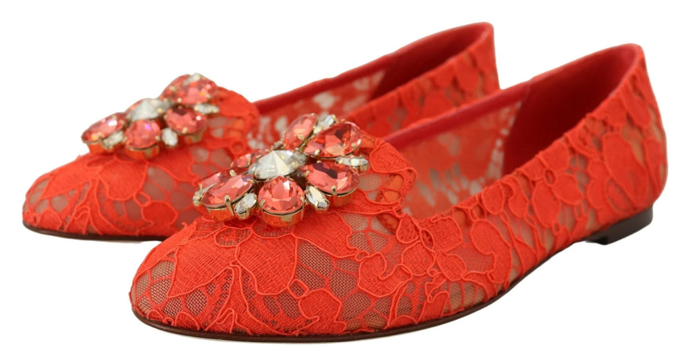 Dolce & Gabbana Red Taormina Lace Crystals Ballet Flats Shoes - EU35/US4.5 - Flats