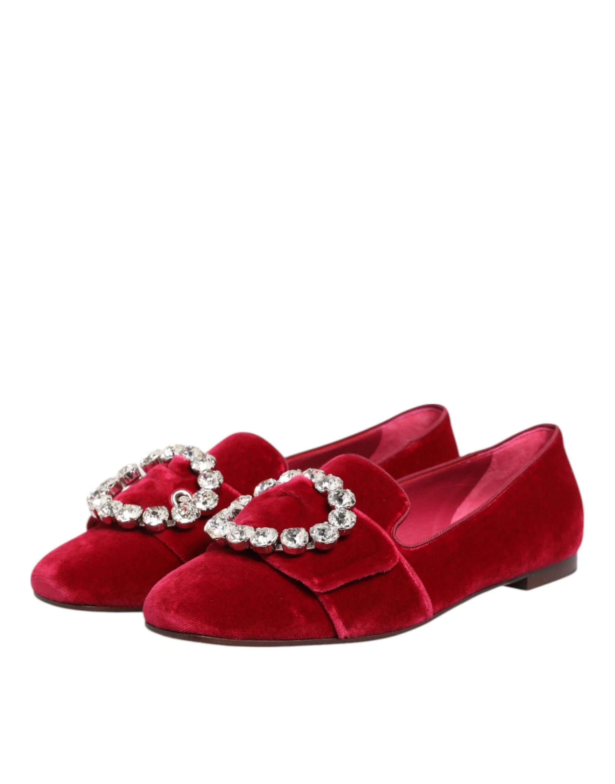 Dolce & Gabbana Red Velvet Crystal Buckle Loafers Flats Shoes - Flats