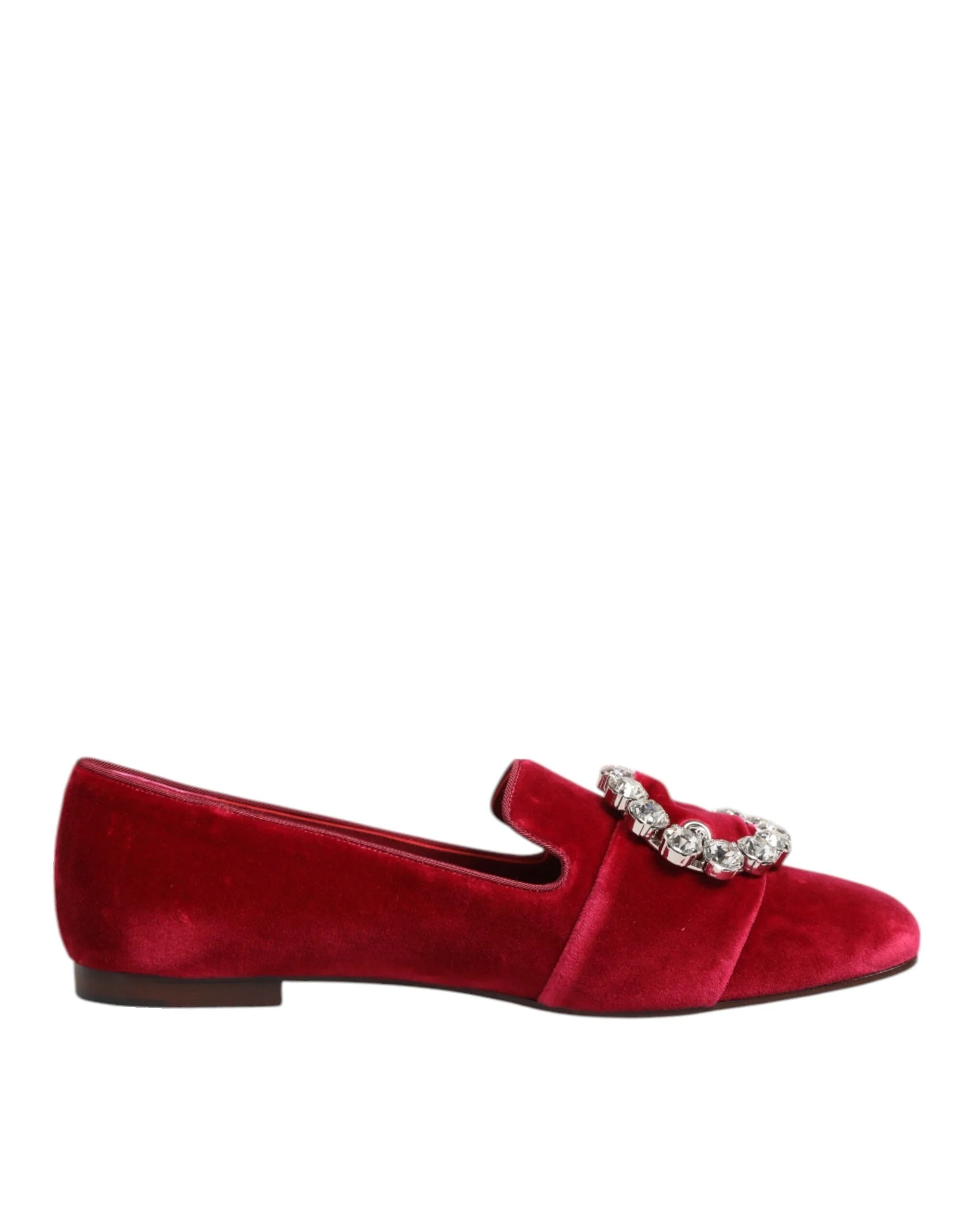 Dolce & Gabbana Red Velvet Crystal Buckle Loafers Flats Shoes - Flats