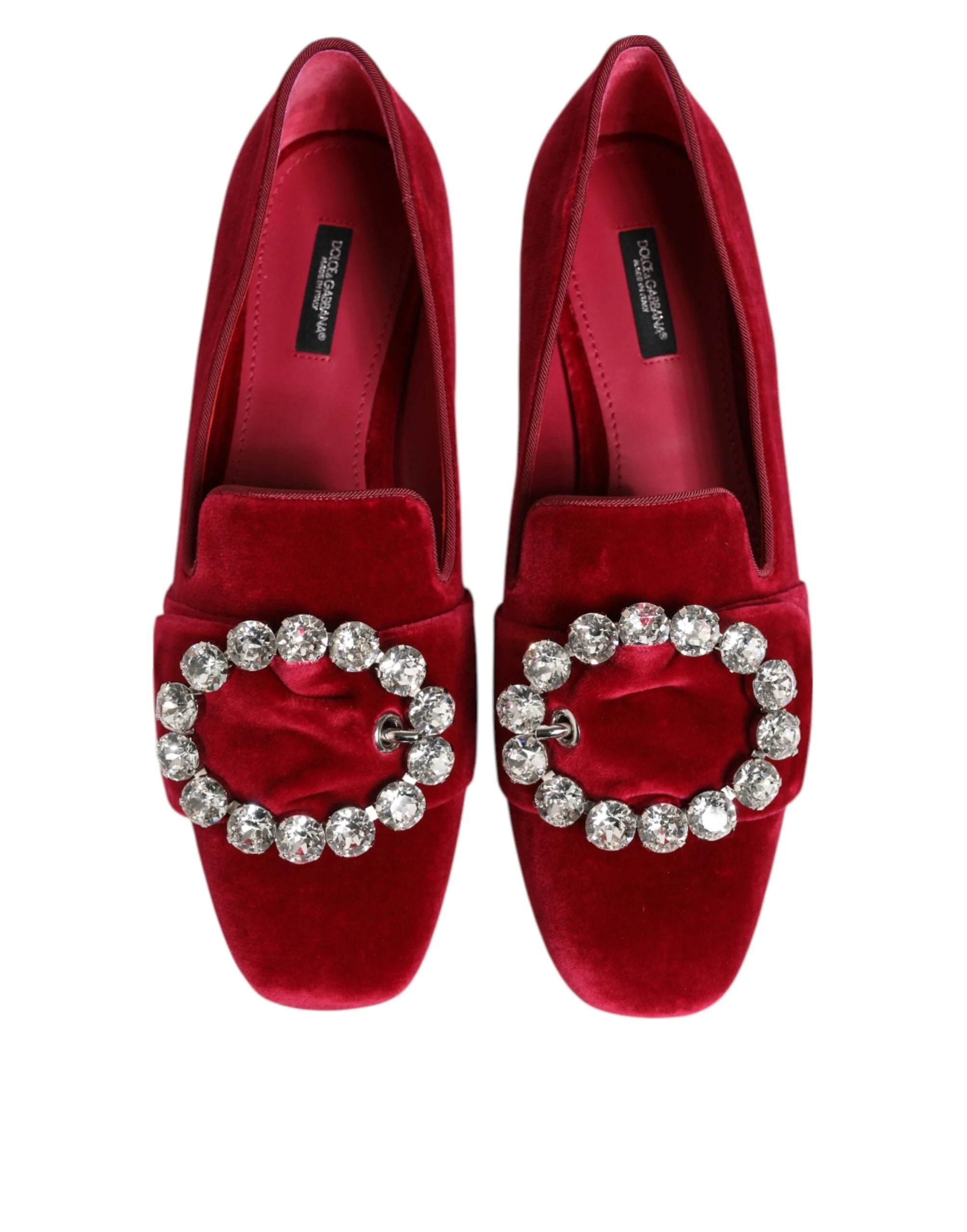 Dolce & Gabbana Red Velvet Crystal Buckle Loafers Flats Shoes - Flats