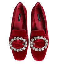 Dolce & Gabbana Red Velvet Crystal Buckle Loafers Flats Shoes - Flats