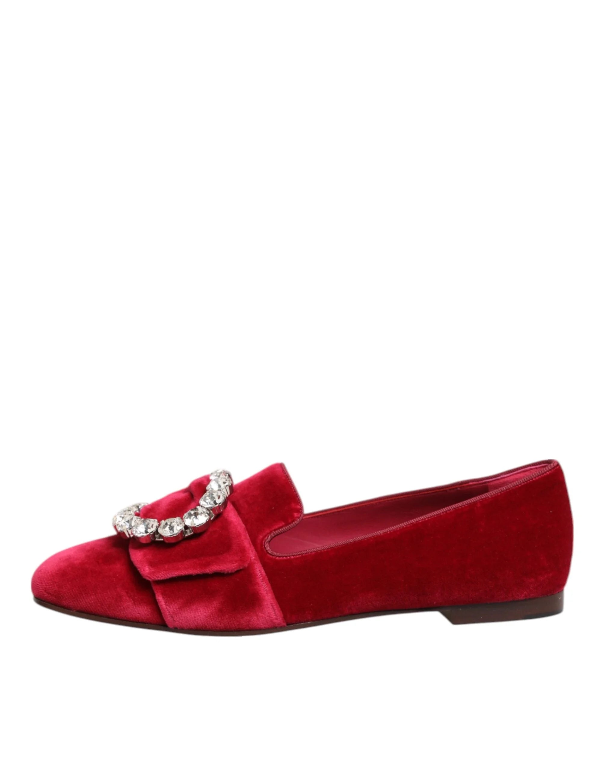 Dolce & Gabbana Red Velvet Crystal Buckle Loafers Flats Shoes - Flats