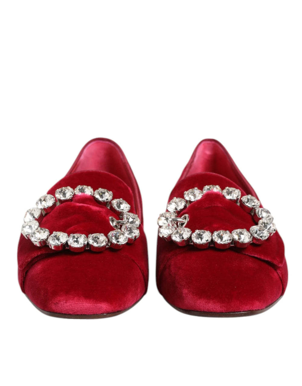 Dolce & Gabbana Red Velvet Crystal Buckle Loafers Flats Shoes - Flats