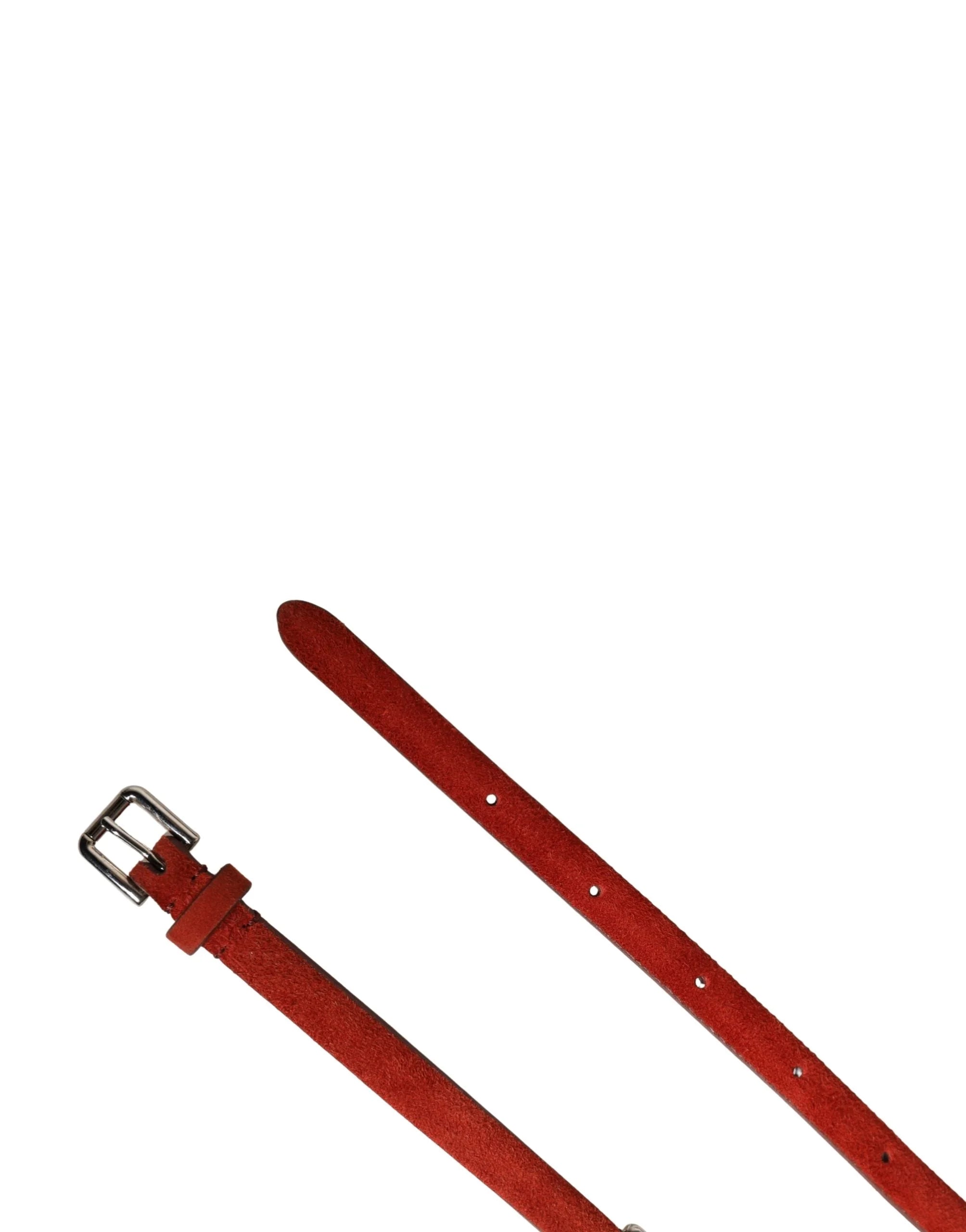 Full length view of the Dolce & Gabbana red velvet belt with crystal-encrusted chain elements for refined styling.
