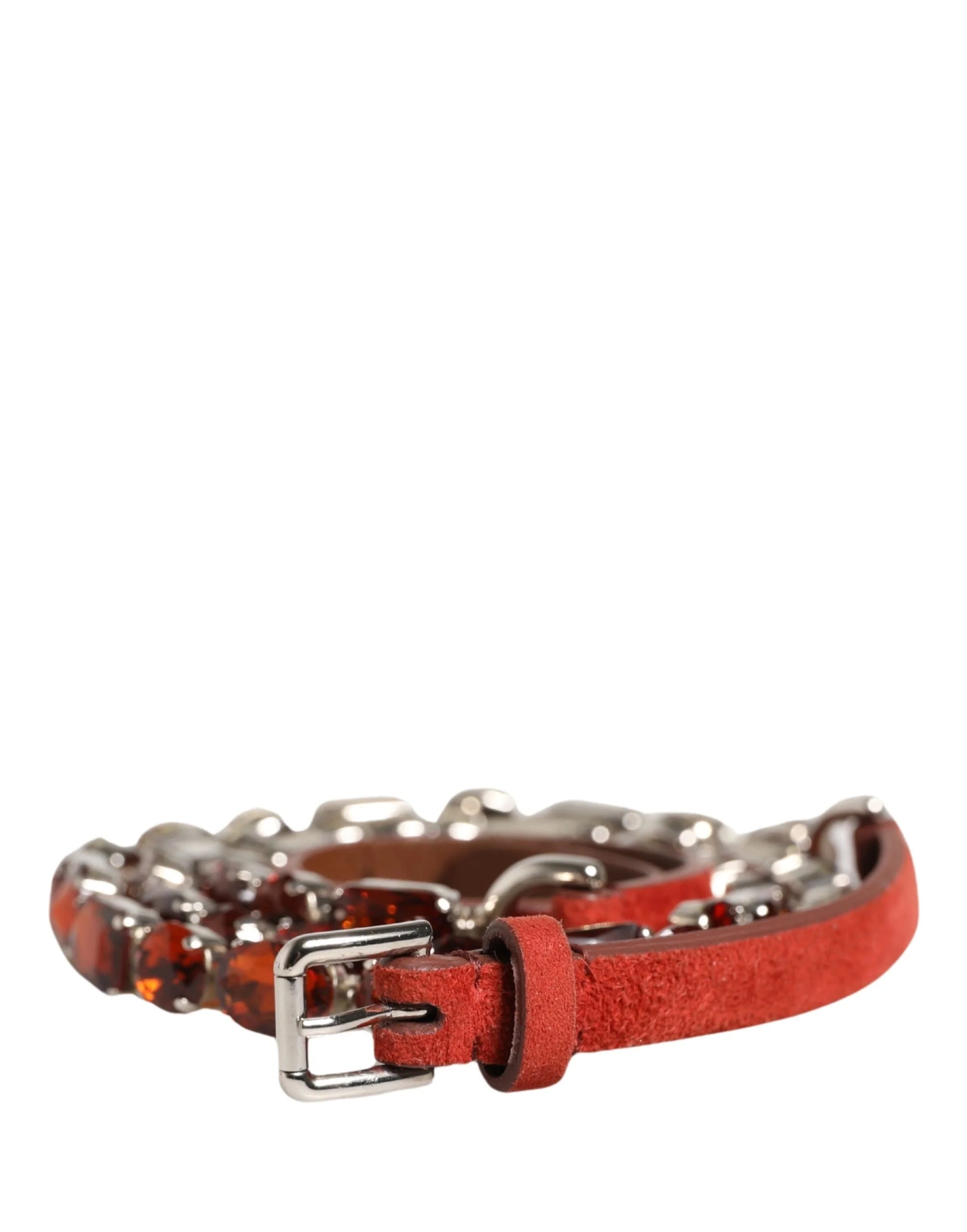 Side view of the AmeOro curated Dolce & Gabbana belt in red velvet with shimmering crystals and brass hardware.