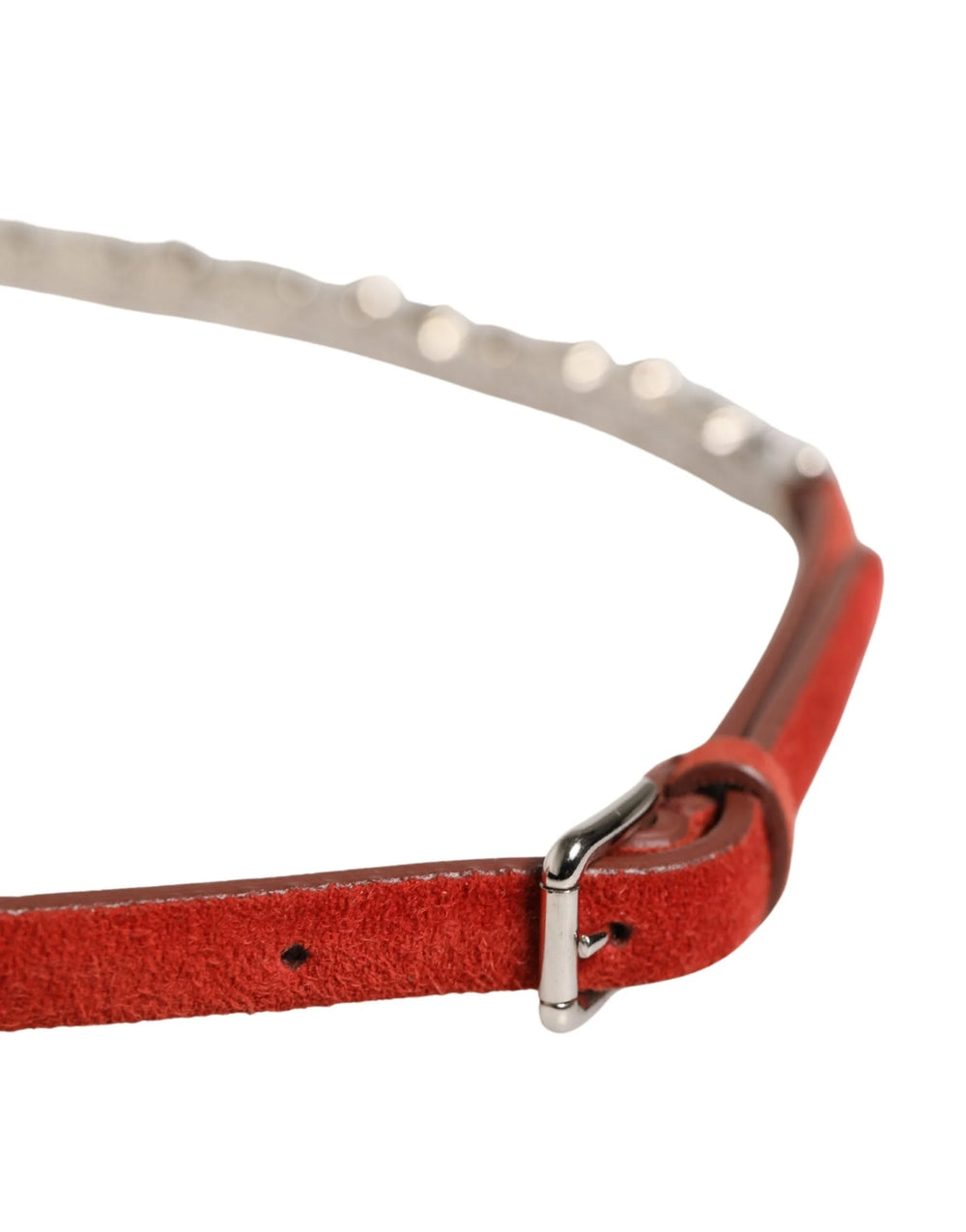 Close-up of the intricate crystal work and goat leather lining on the Dolce & Gabbana red velvet evening belt.