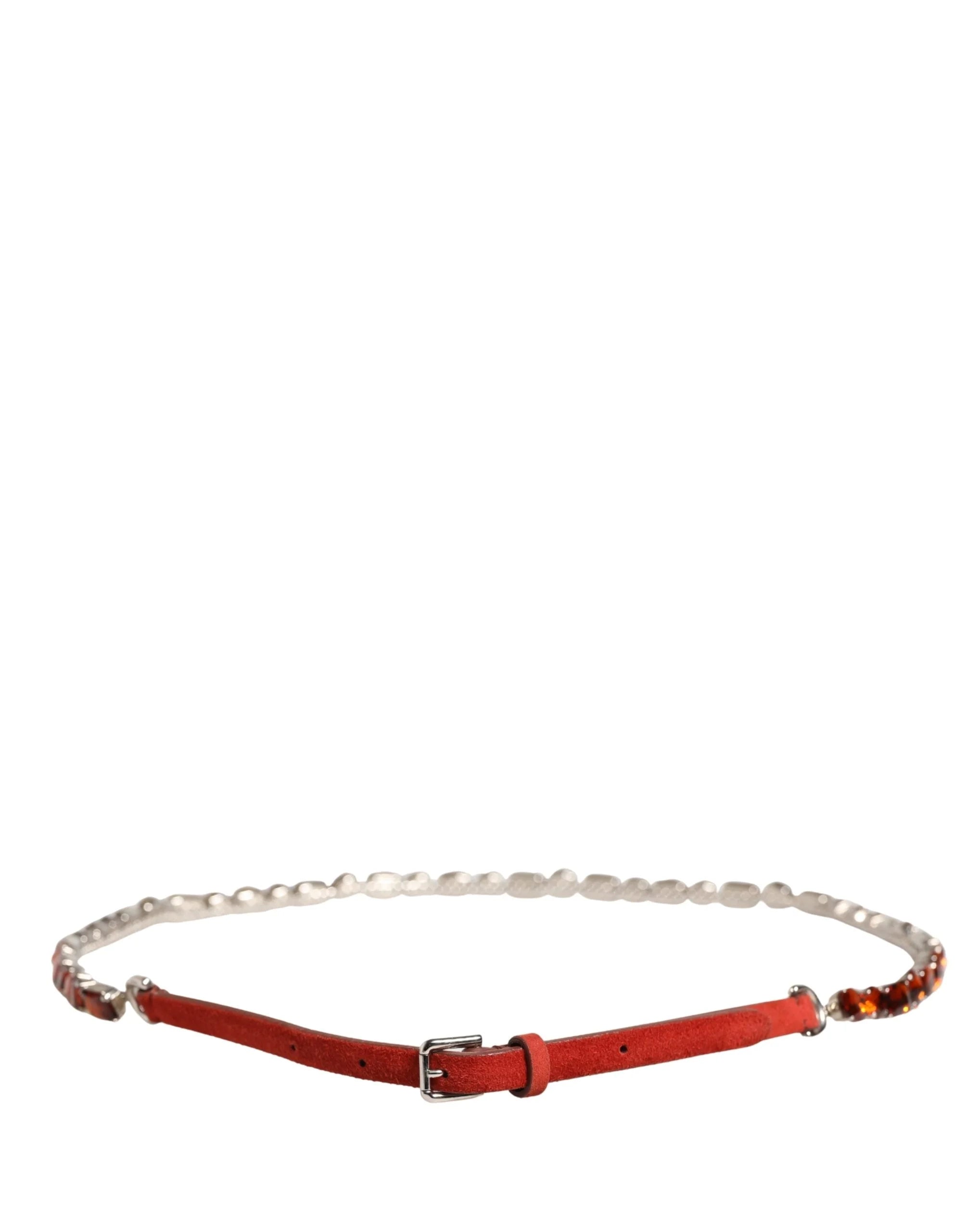 Rear perspective of the Dolce & Gabbana luxury belt showing the rich red velvet texture and secure brass fastening.
