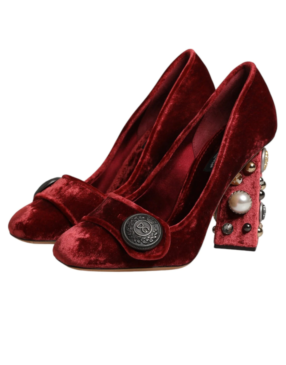 Dolce & Gabbana Red Velvet Embellished Heels Pumps Shoes - EU38/US7.5