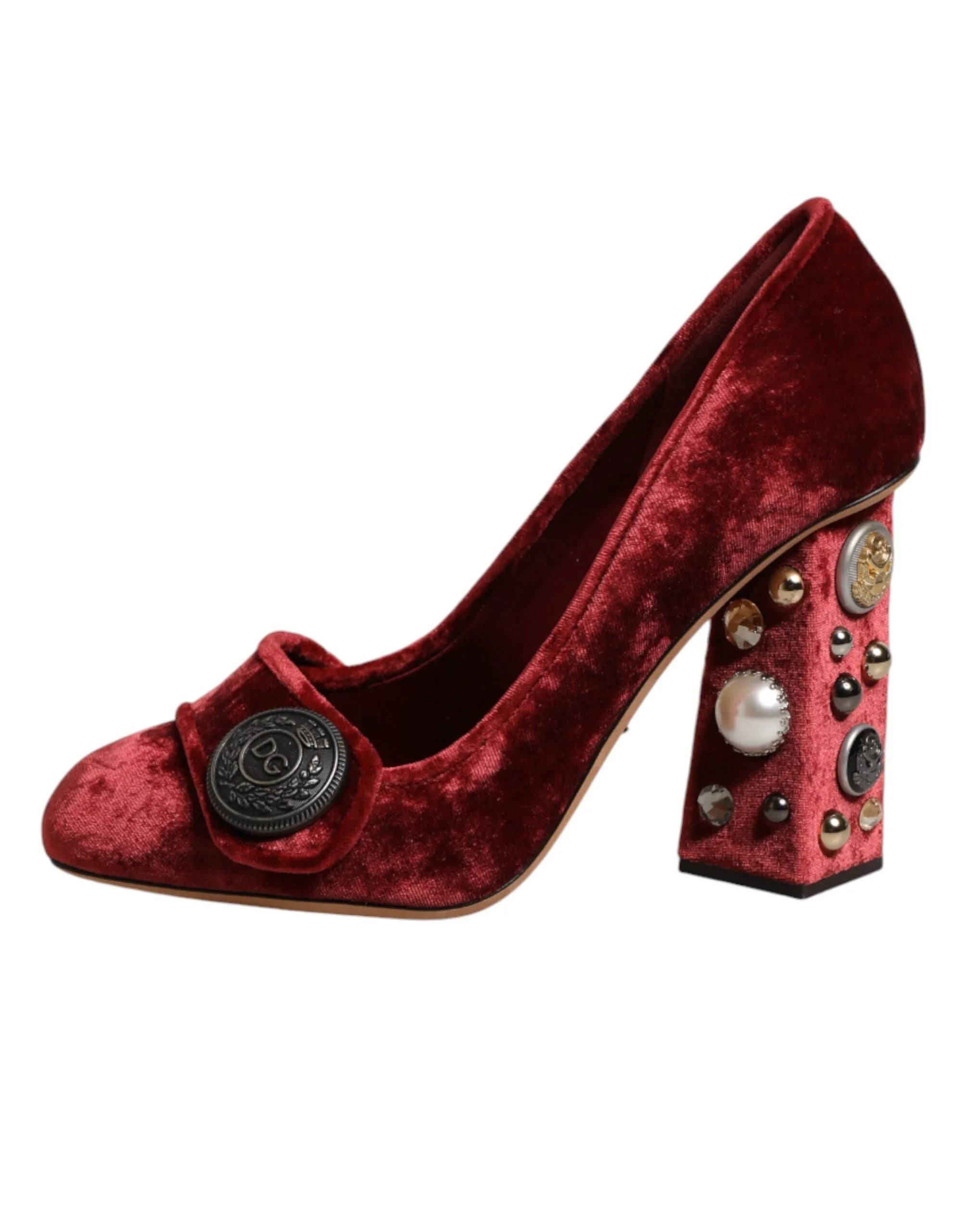 Dolce & Gabbana Red Velvet Embellished Heels Pumps Shoes - EU38/US7.5