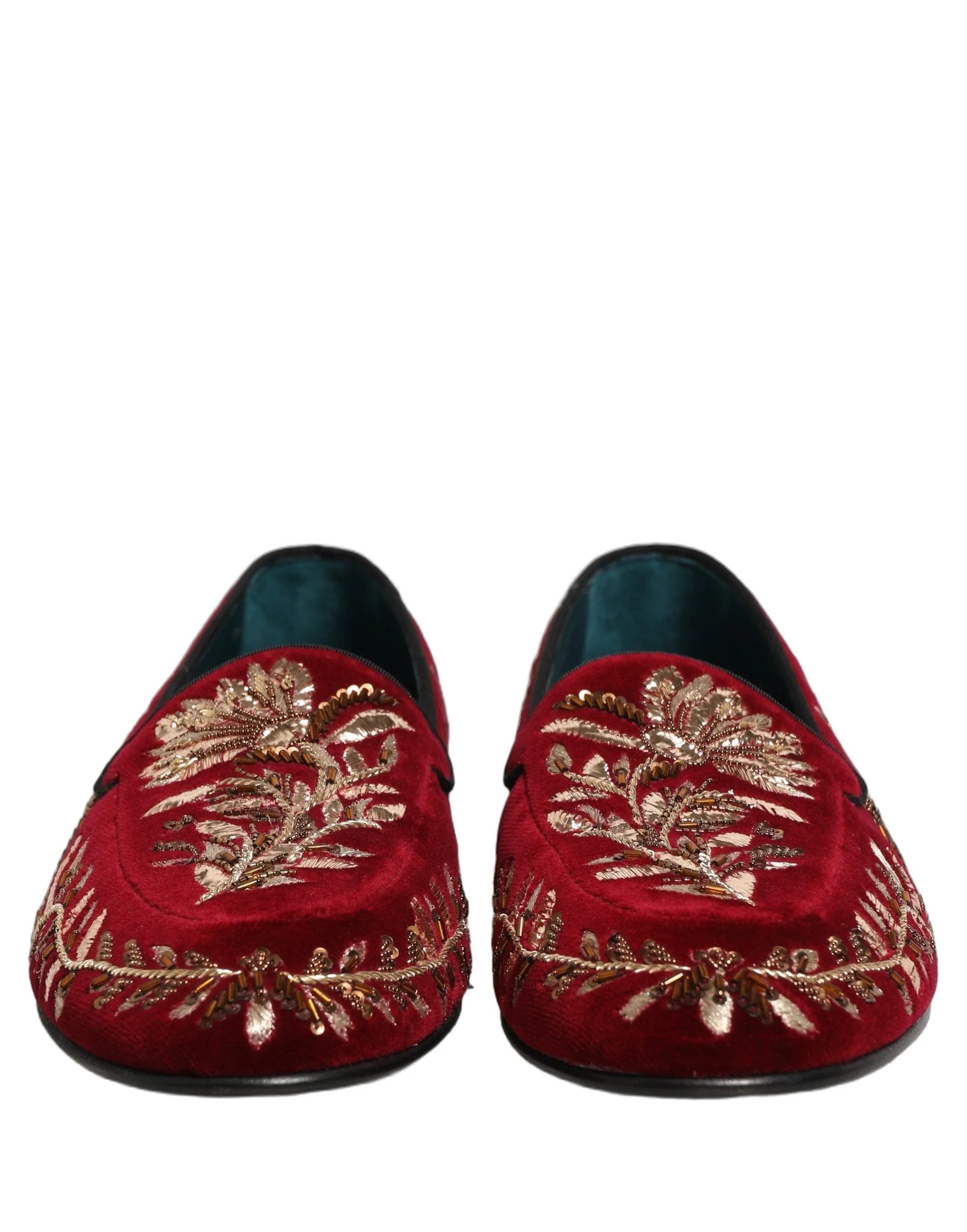 Dolce & Gabbana Μόκασιν από Βελούδο Κόκκινο με Κεντημένα Λουλούδια - EU44/US11