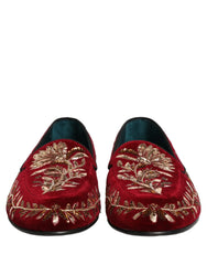 Dolce & Gabbana Μόκασιν από Βελούδο Κόκκινο με Κεντημένα Λουλούδια - EU44/US11
