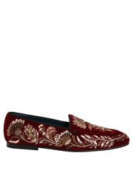 Dolce & Gabbana Red Velvet Floral Embroidery Loafers Shoes - EU44/US11