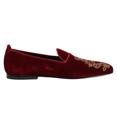 Dolce & Gabbana Red Velvet Gold Crown Mens Loafers Shoes - EU42/US9