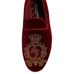 Dolce & Gabbana Red Velvet Gold Crown Mens Loafers Shoes - EU42/US9