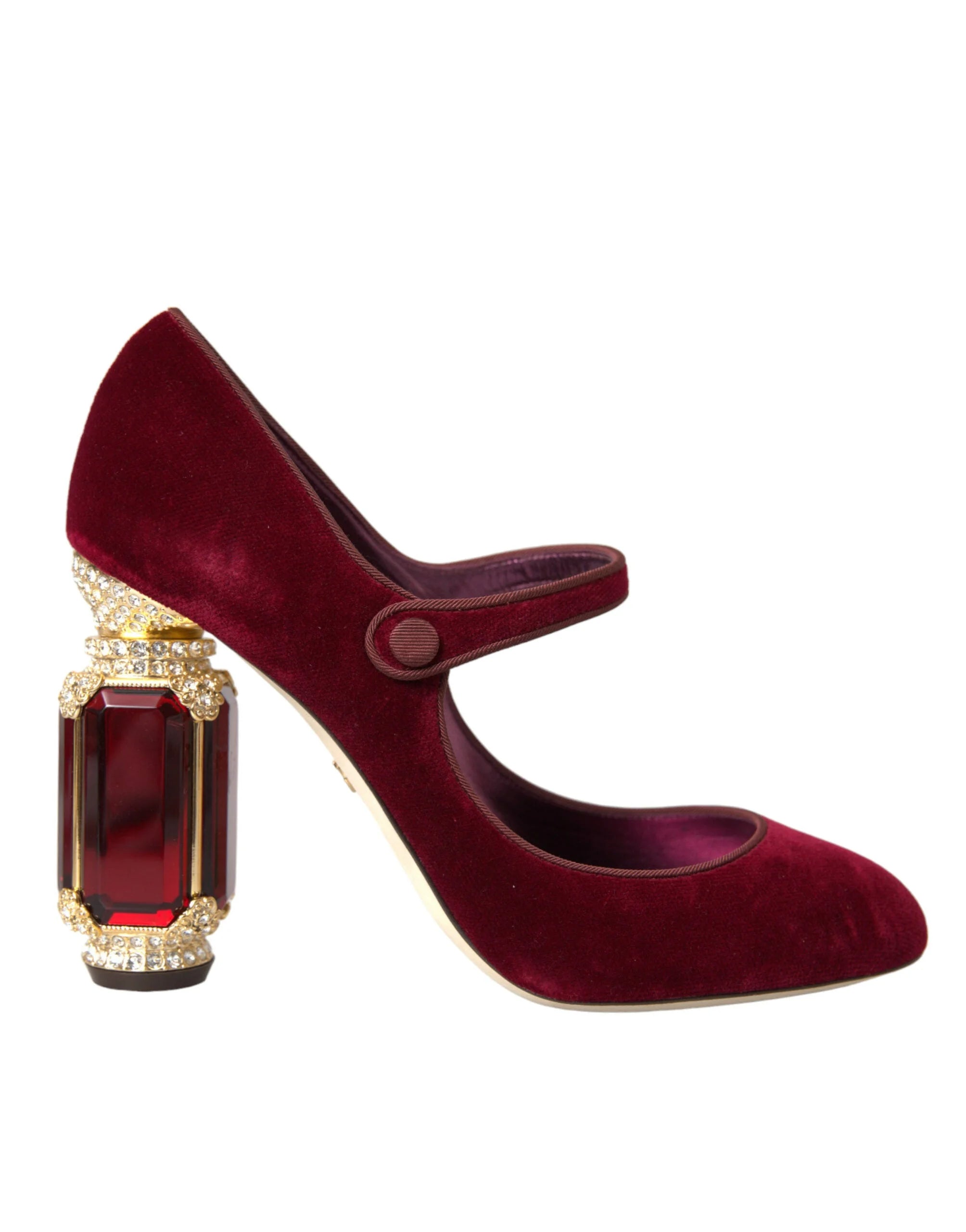 Dolce & Gabbana Red Velvet Gold Crystals Heels Mary Jane Shoes - EU40.5/US10 - Heels