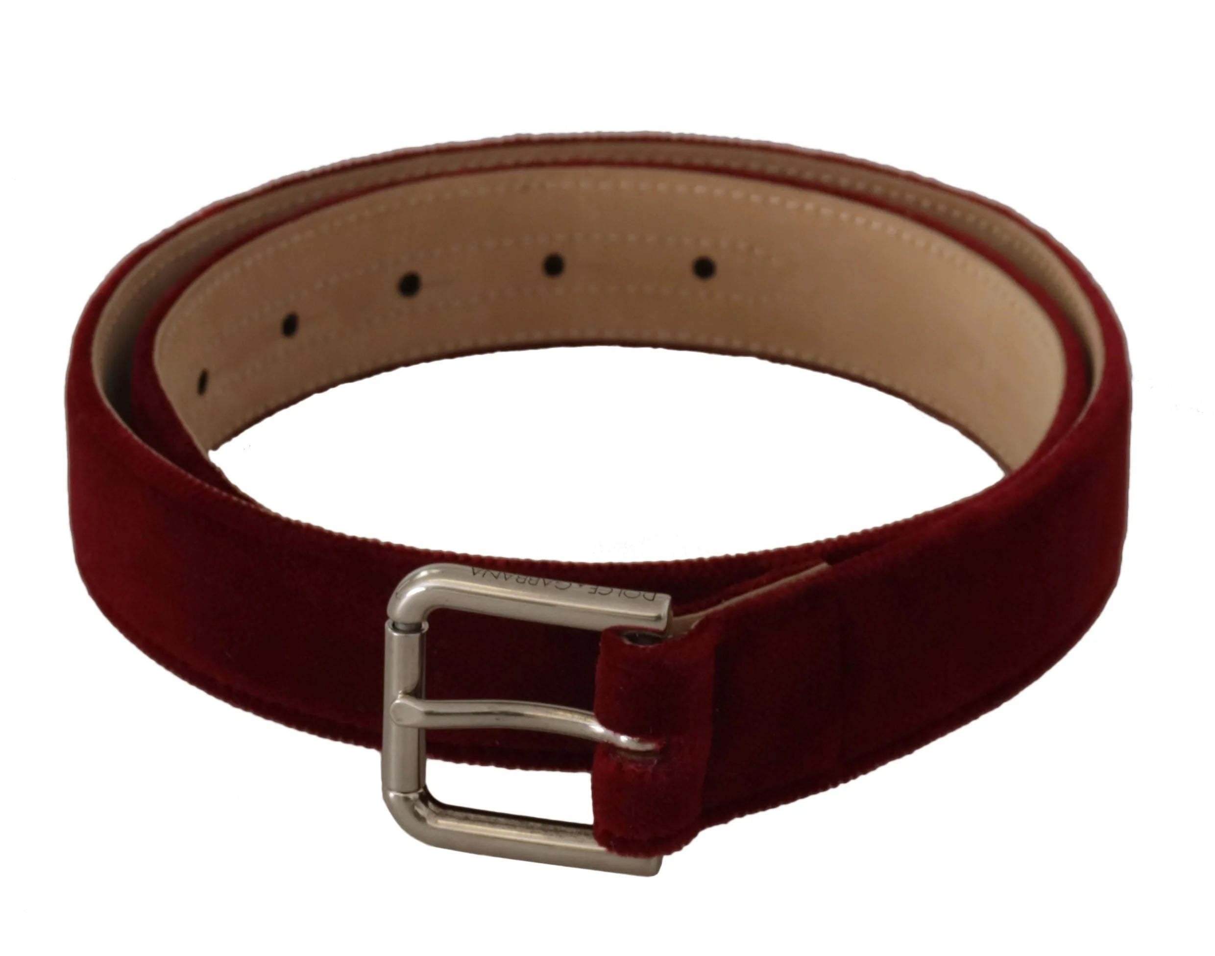 Dolce & Gabbana Red Velvet Silver Logo Engraved Metal Buckle Belt - 75 cm / 29,5 Inches - Belts