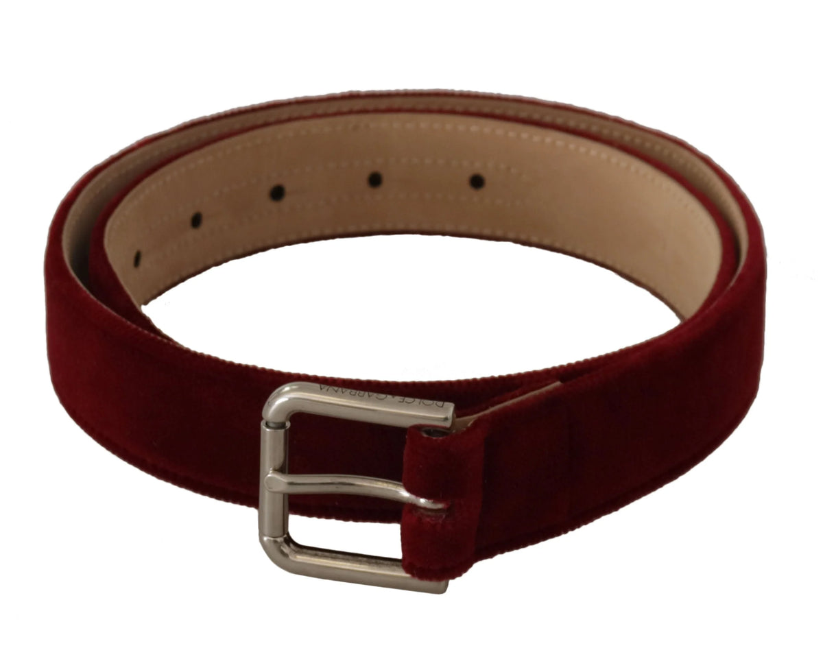 Dolce & Gabbana Red Velvet Silver Logo Engraved Metal Buckle Belt - 75 cm / 29,5 Inches - Belts