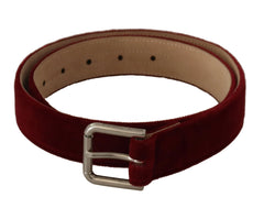 Dolce & Gabbana Red Velvet Silver Logo Engraved Metal Buckle Belt - 75 cm / 29,5 Inches - Belts