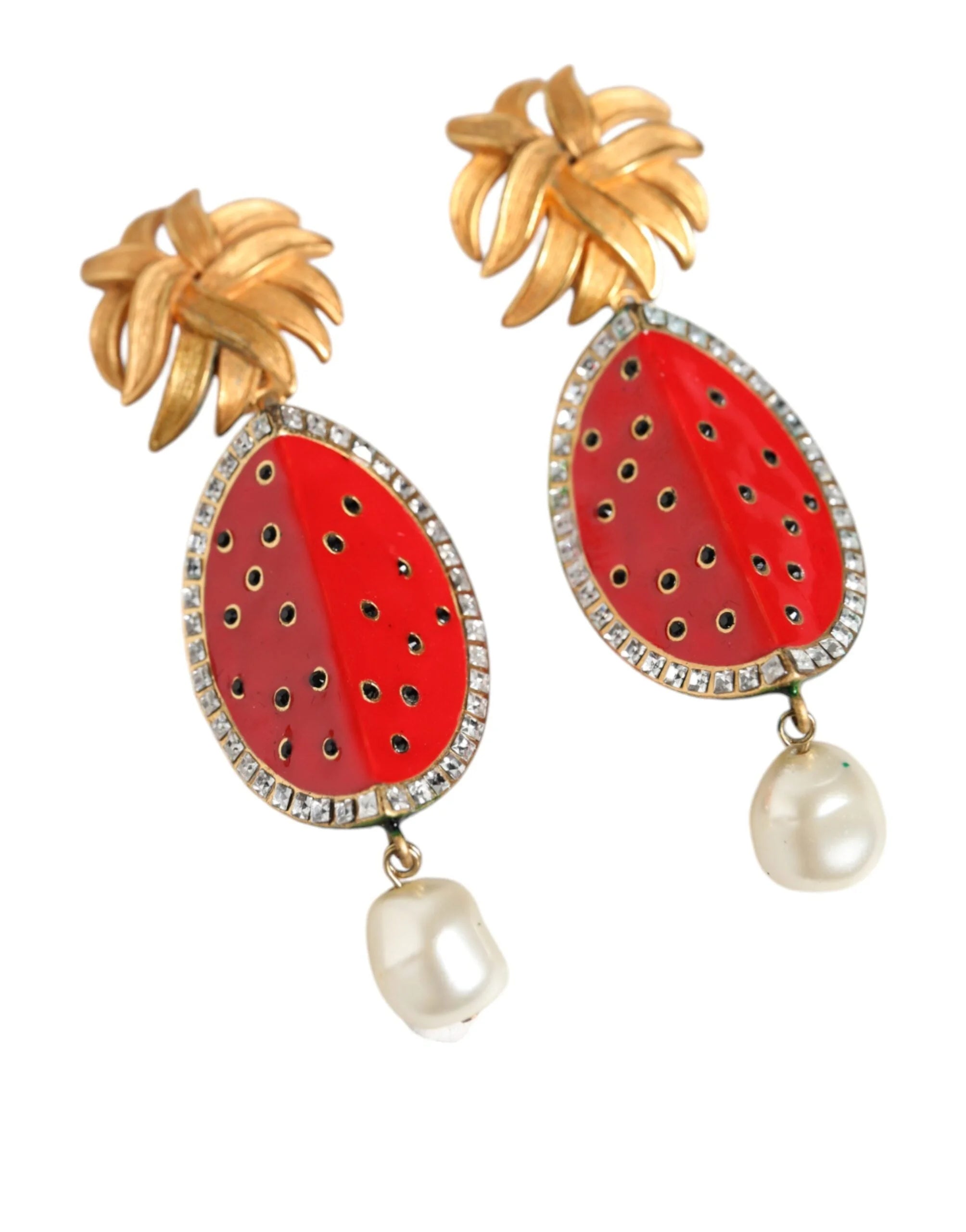 Dolce & Gabbana Red Watermelon Gold Brass Crystal Clip Dangling Earrings - Earrings