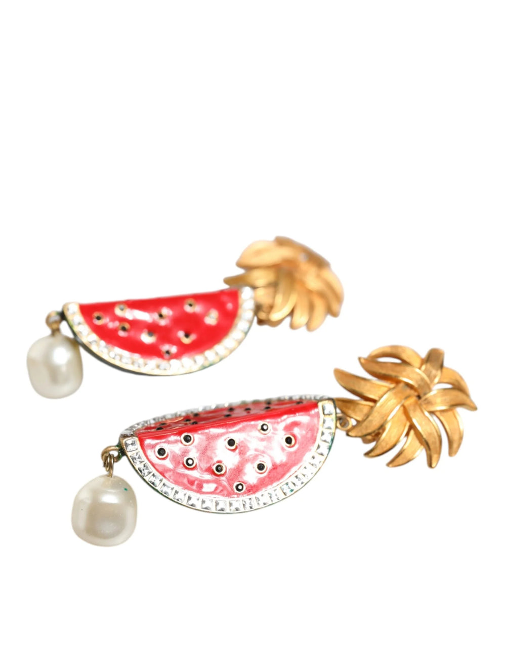 Dolce & Gabbana Red Watermelon Gold Brass Crystal Clip Dangling Earrings - Earrings