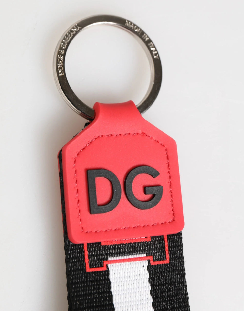 Dolce & Gabbana Red White DG Logo Polyester Brass Holder Keychain Keyring - Keychains