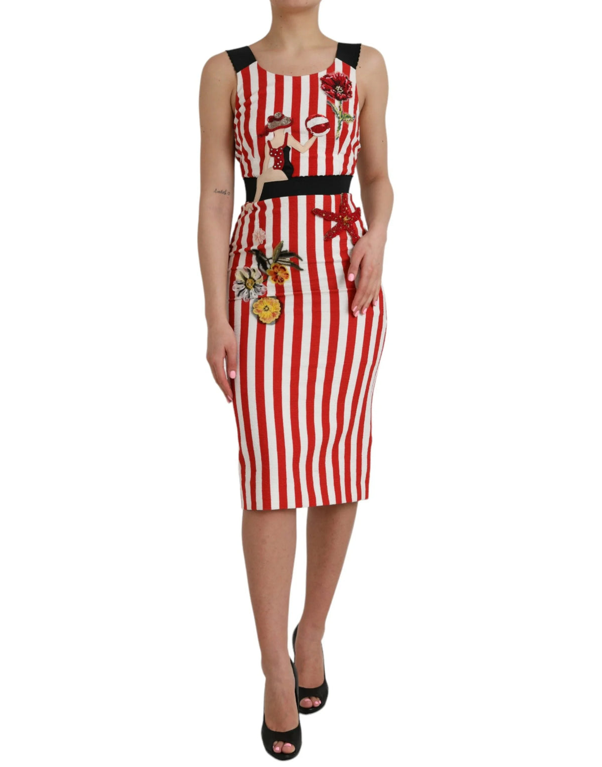 Dolce & Gabbana Red White Floral Sleeveless Sheath Midi Dress - IT36 | XS - Dresses