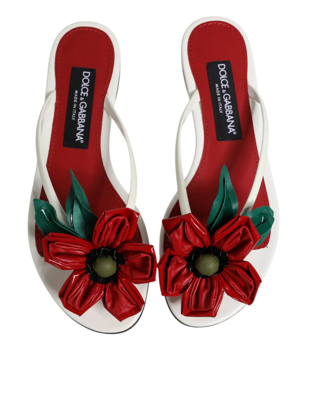 Dolce & Gabbana Red White KEIRA Flower Leather Sandals Shoes - Sandals