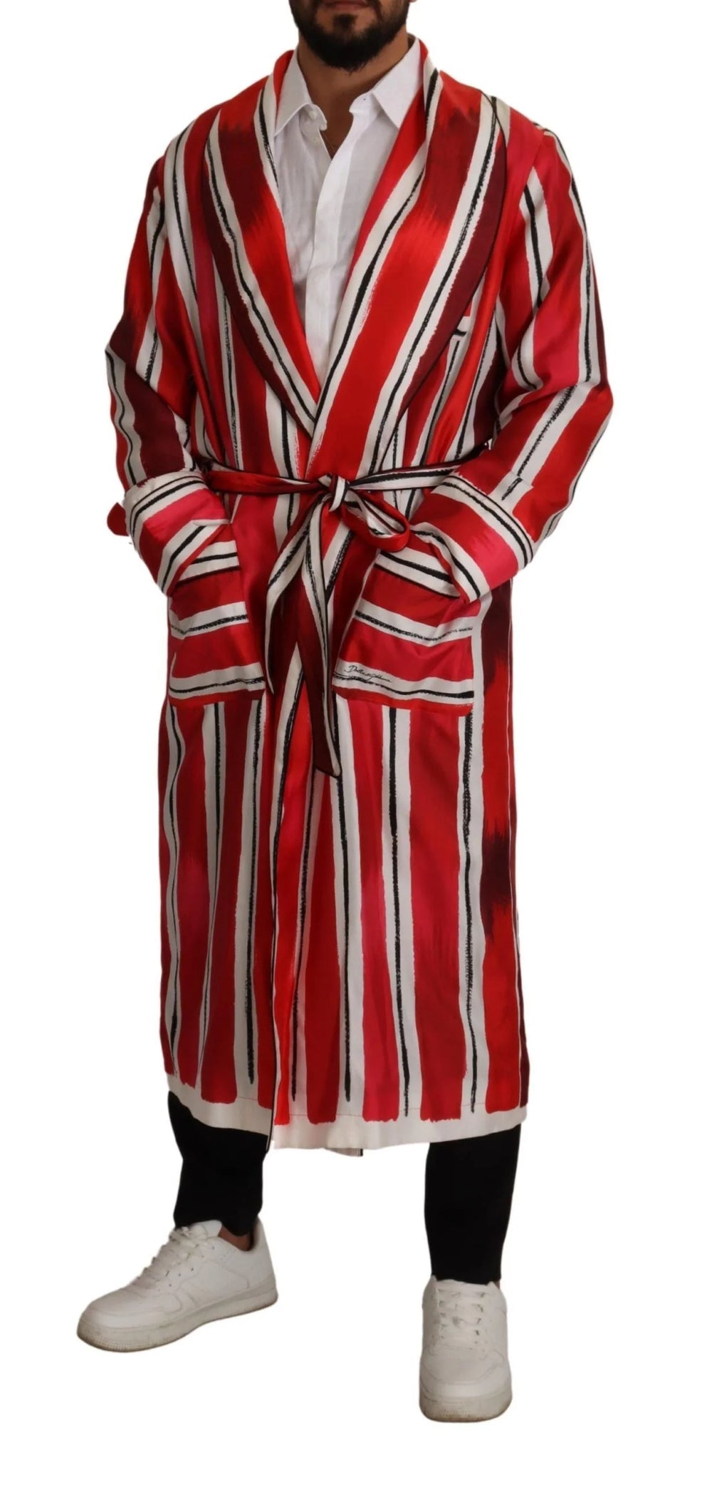 Dolce & Gabbana Red White Striped Silk Mens Night Gown Robe - IT46 | S - Robes