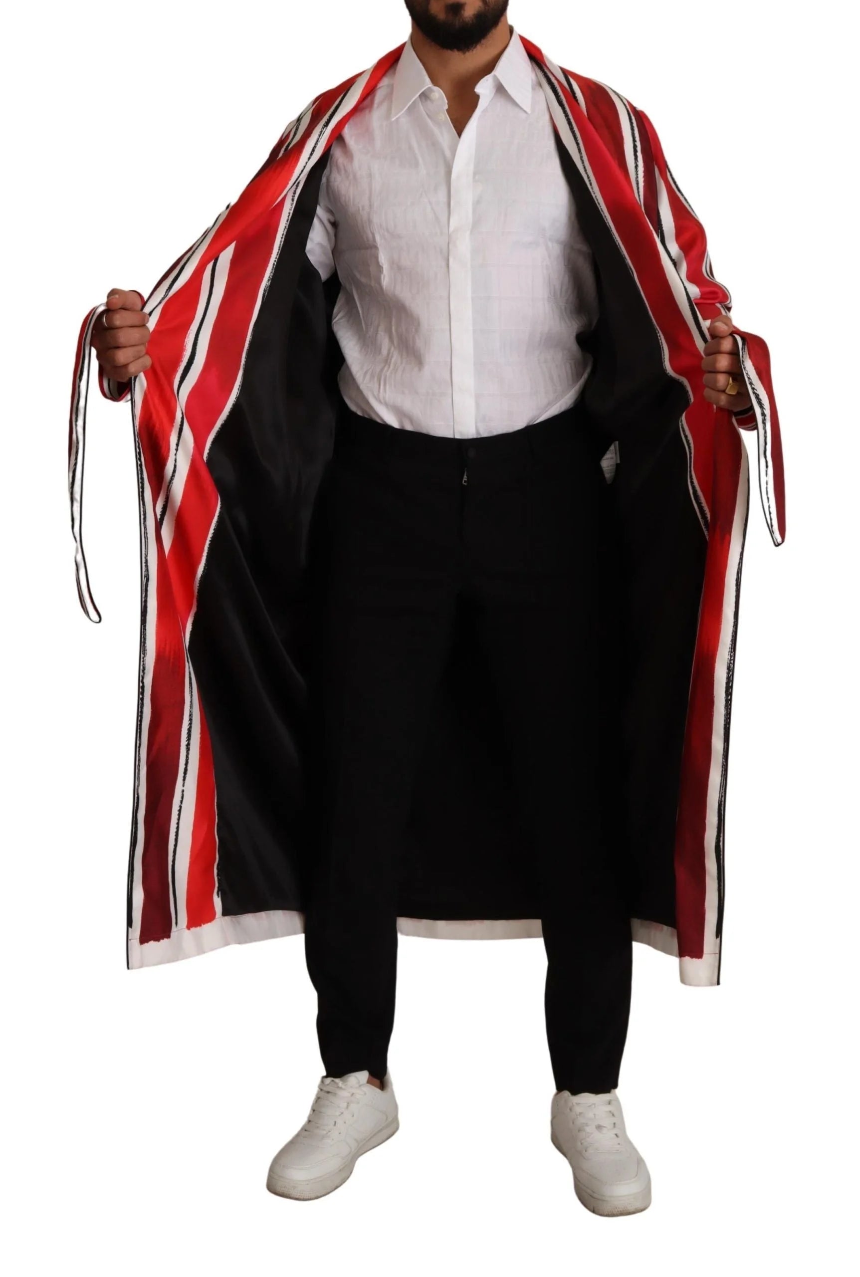 Dolce & Gabbana Red White Striped Silk Mens Night Gown Robe - IT46 | S - Robes