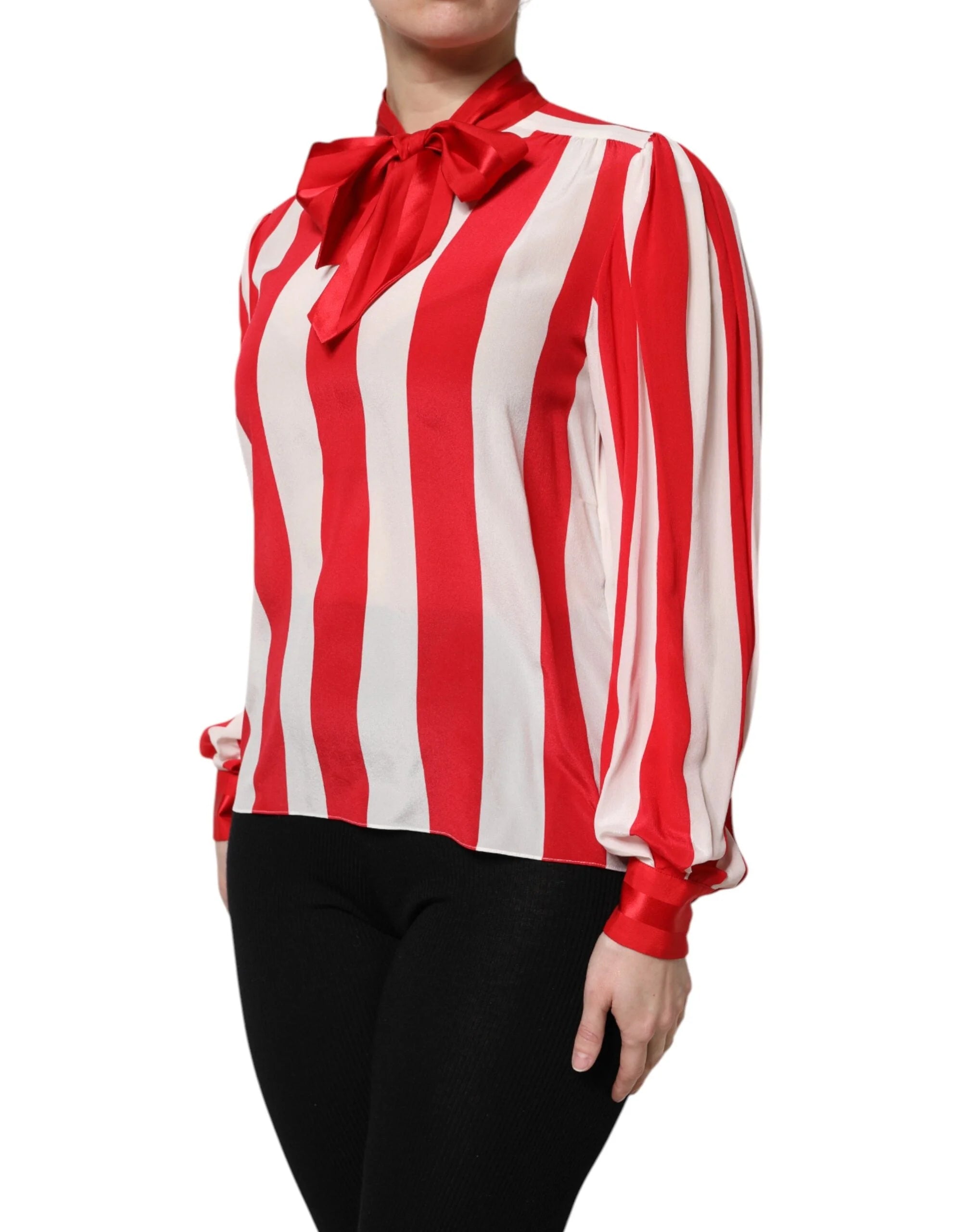 Dolce & Gabbana Red White Stripes Ascot Collar Blouse Top - Blouses