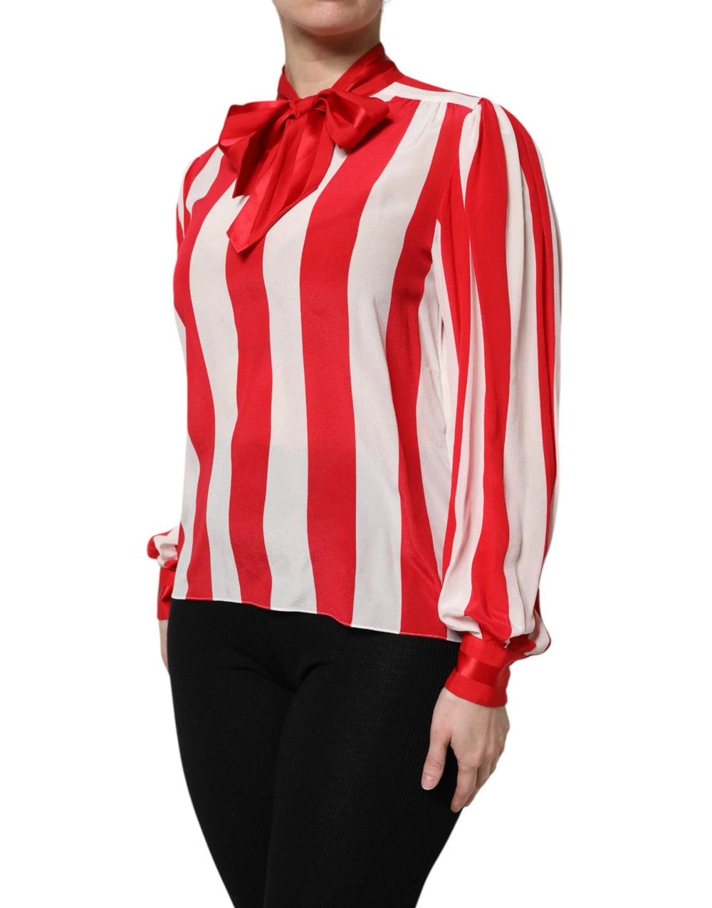 Dolce & Gabbana Red White Stripes Ascot Collar Blouse Top - Blouses