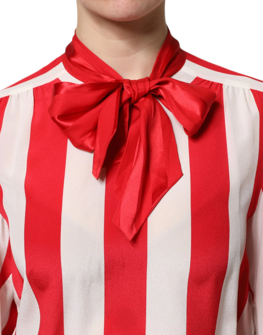 Dolce & Gabbana Red White Stripes Ascot Collar Blouse Top - Blouses